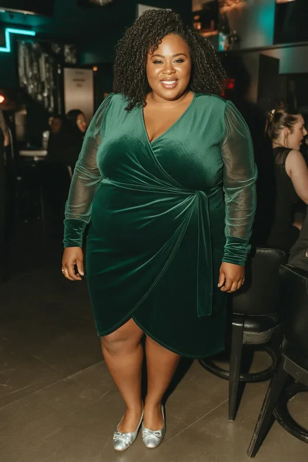 Emerald Green Velvet Wrap Dress with Sheer Organza Sleeves