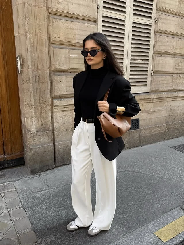 Black Turtleneck White Wide-Leg Trousers Outfit