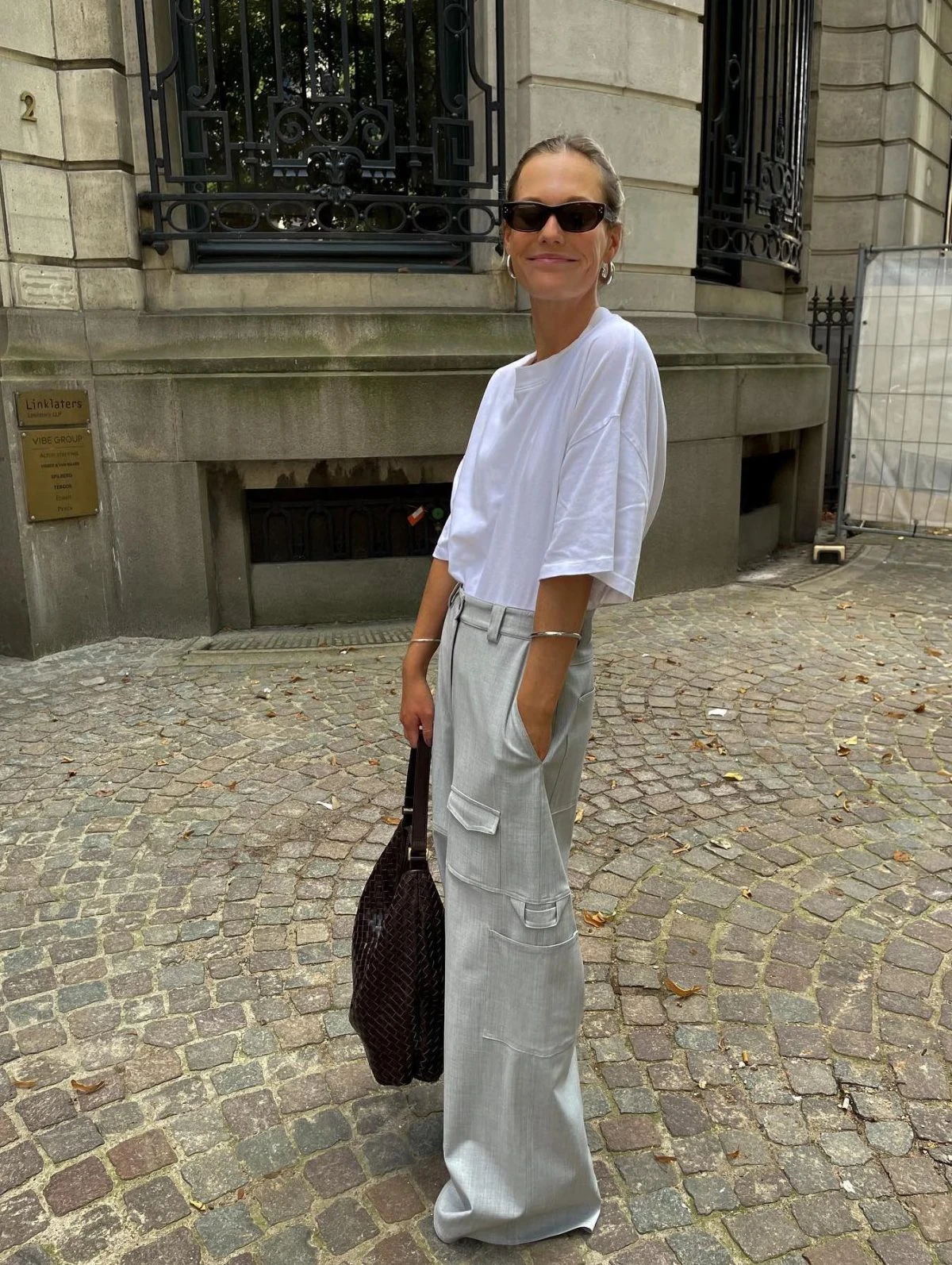 White Oversized T-Shirt Light Grey Cargo Trousers Outfit