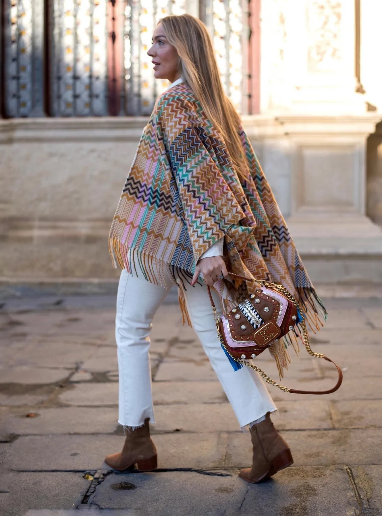 Multicolor Chevron Shawl Outfit with White Jeans