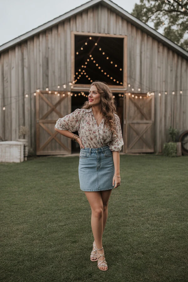 Floral Blouse Denim Mini Skirt Outfit with Strappy Sandals