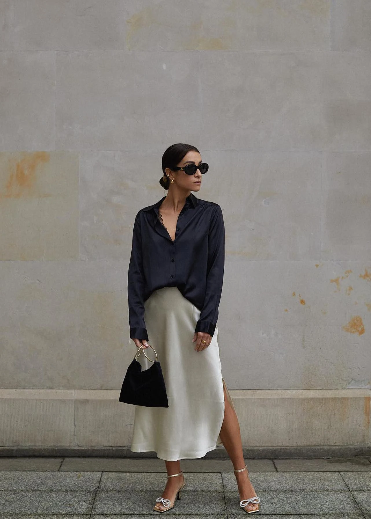 Black Silk Shirt Champagne Slip Skirt Outfit