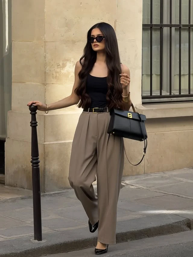 Black Bodysuit Taupe Wide-Leg Trousers Office Outfit