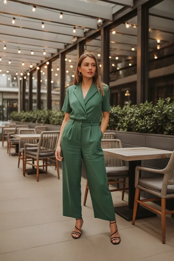 Forest Green Belted Jumpsuit Outfit with Wide Leg Trousers