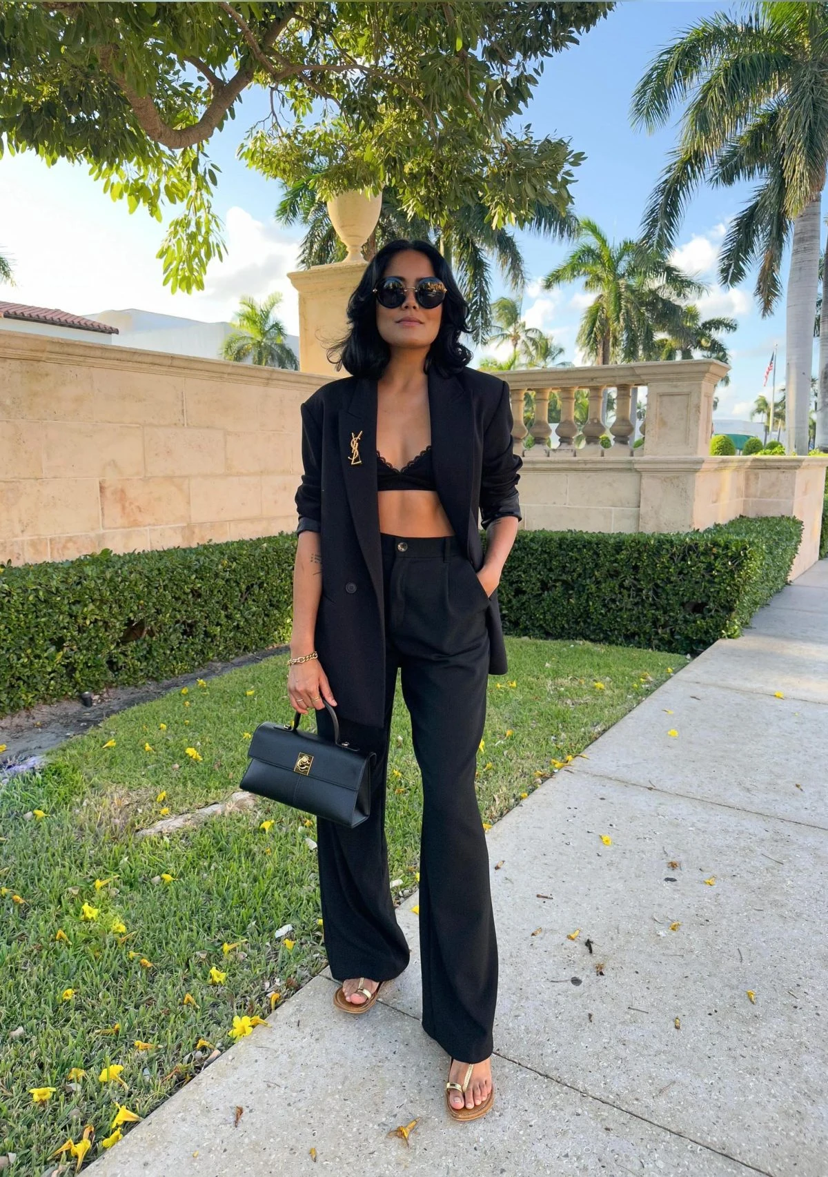 Black Blazer Outfit with Lace Bralette and Wide-Leg Trousers