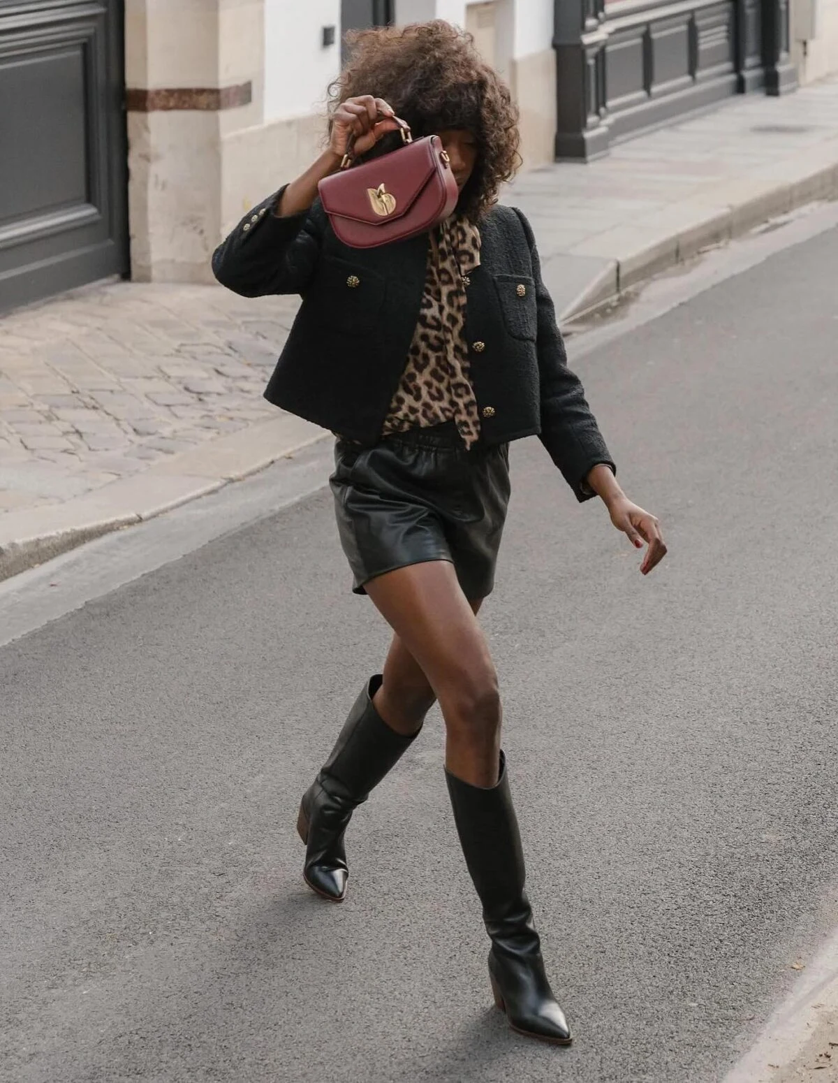 Black Cropped Jacket Leather Shorts Leopard Scarf Outfit