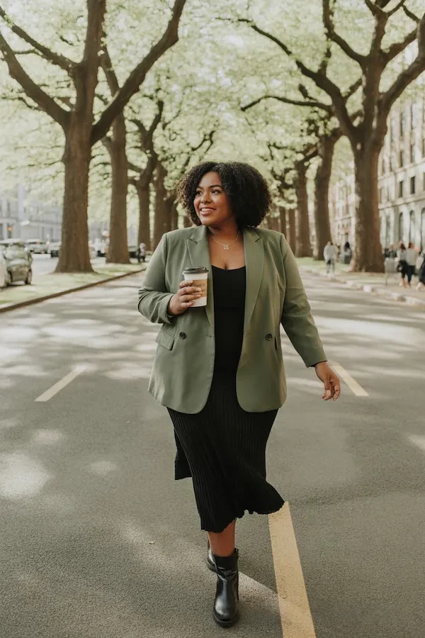 Olive Green Blazer with Black Ribbed Midi Skirt and Ankle Boots