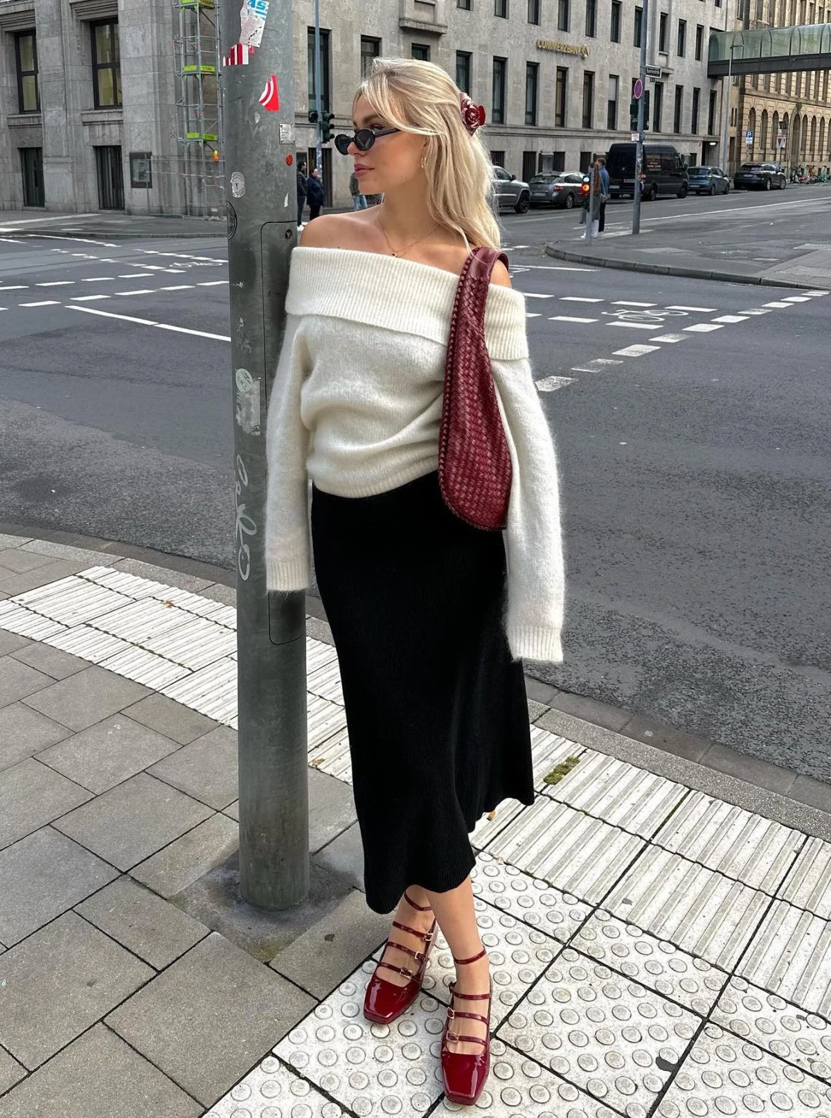 Cream Off-Shoulder Sweater Outfit with Black Trousers