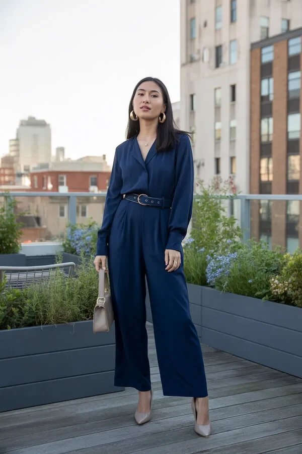 Navy Blue Silk Shirt and Wide-Leg Trouser Set with Black Belt