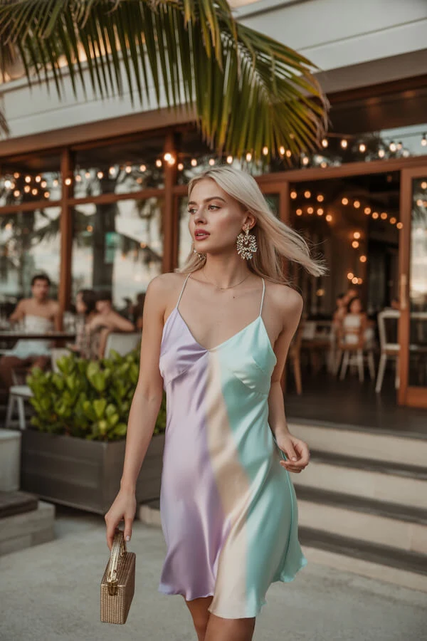 Pastel Satin Slip Dress Outfit for Vacation Dinner