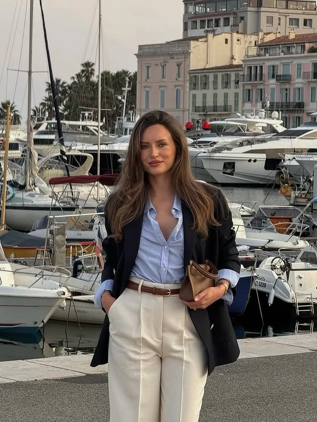 Black Blazer Light Blue Shirt Ivory Wide-Leg Trousers