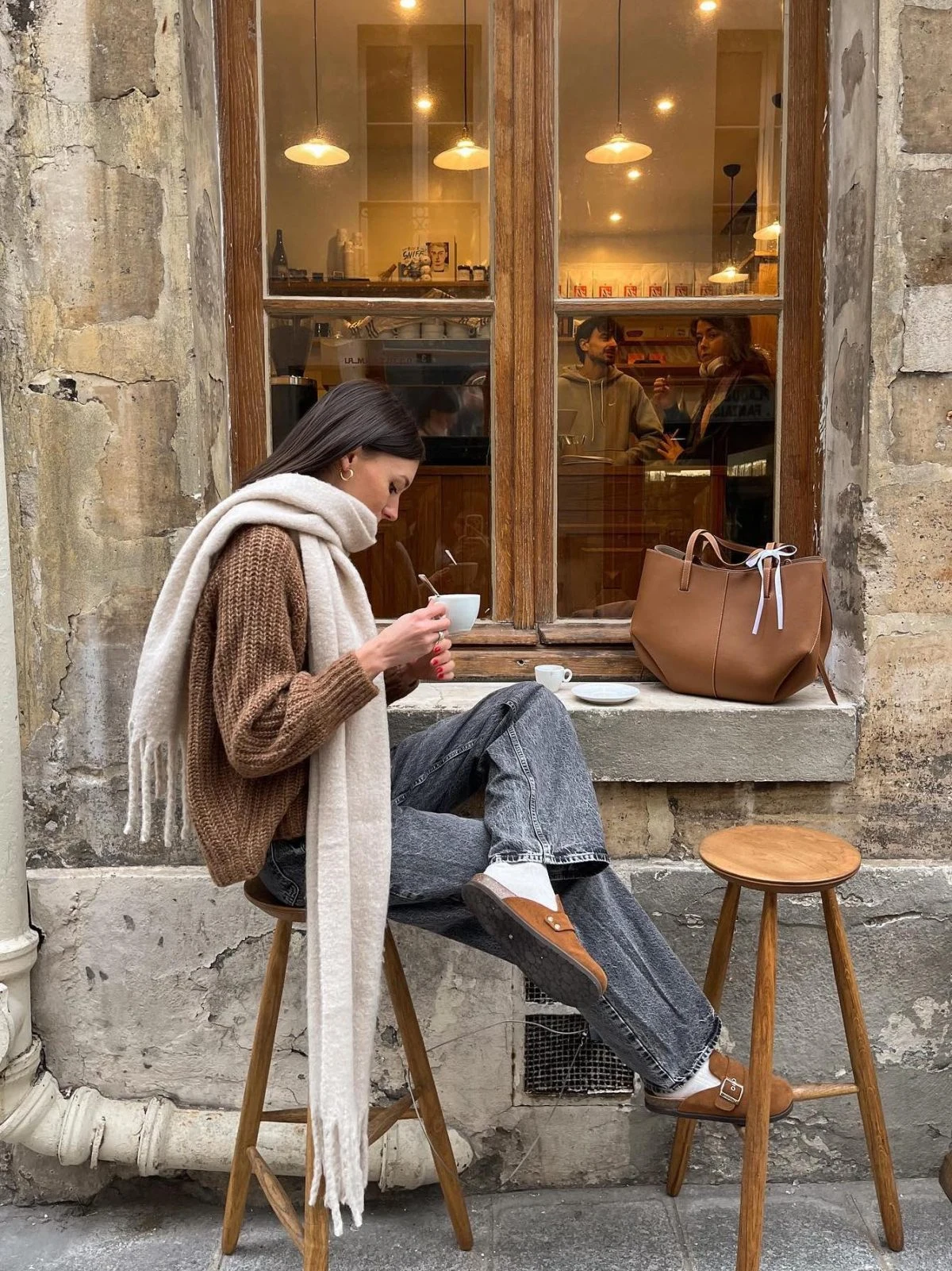 Brown Cable-Knit Sweater Outfit with Wide-Leg Jeans
