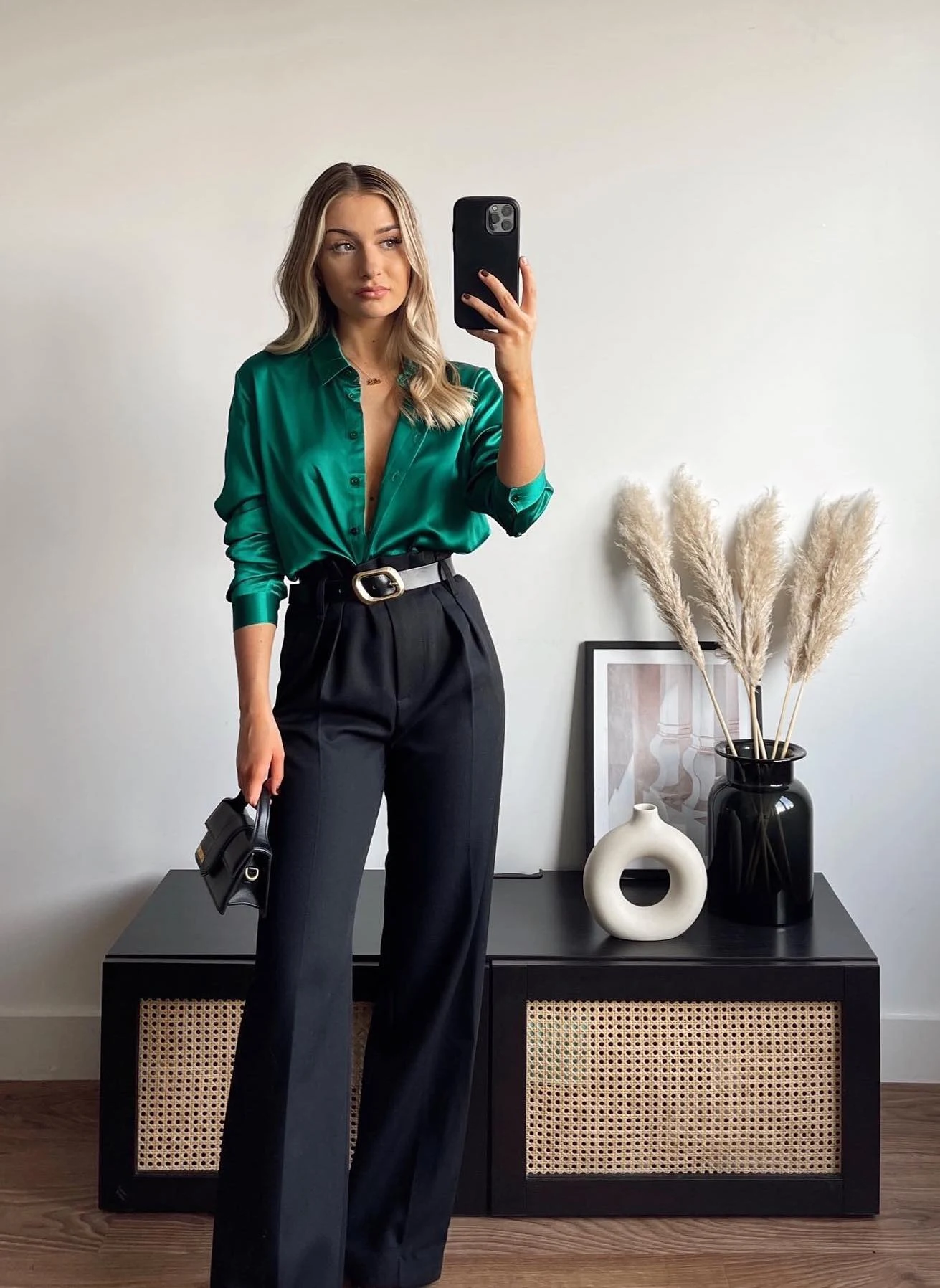 Emerald Green Satin Shirt Black Wide-Leg Trousers Outfit