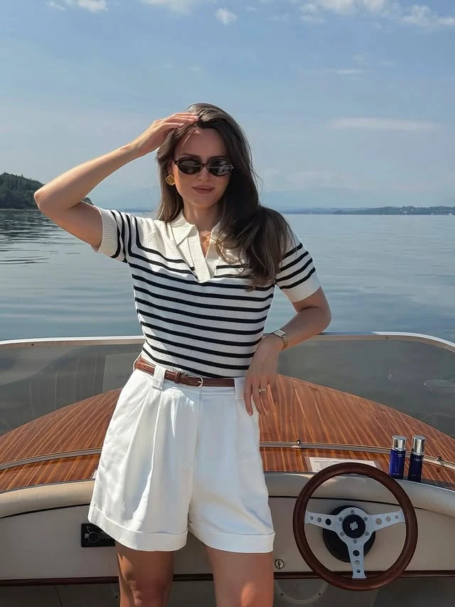 Navy Stripe Polo White Shorts Summer Boat Outfit
