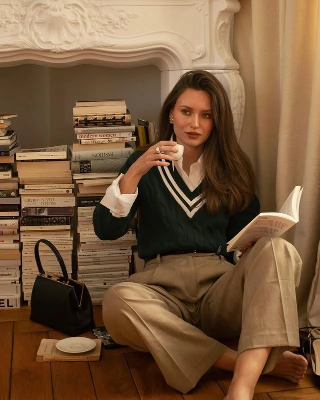 Black Cricket Sweater White Shirt Beige Wide-Leg Trousers