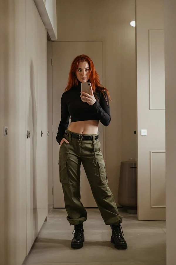 Black Cropped Top Olive Cargo Pants Outfit