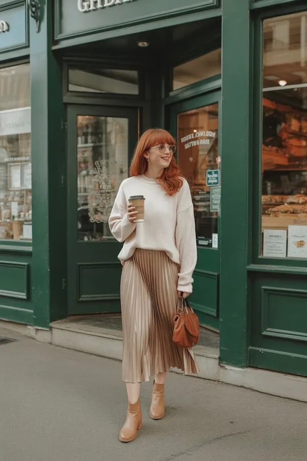Cream Knit Pleated Midi Skirt Outfit for Coffee Runs