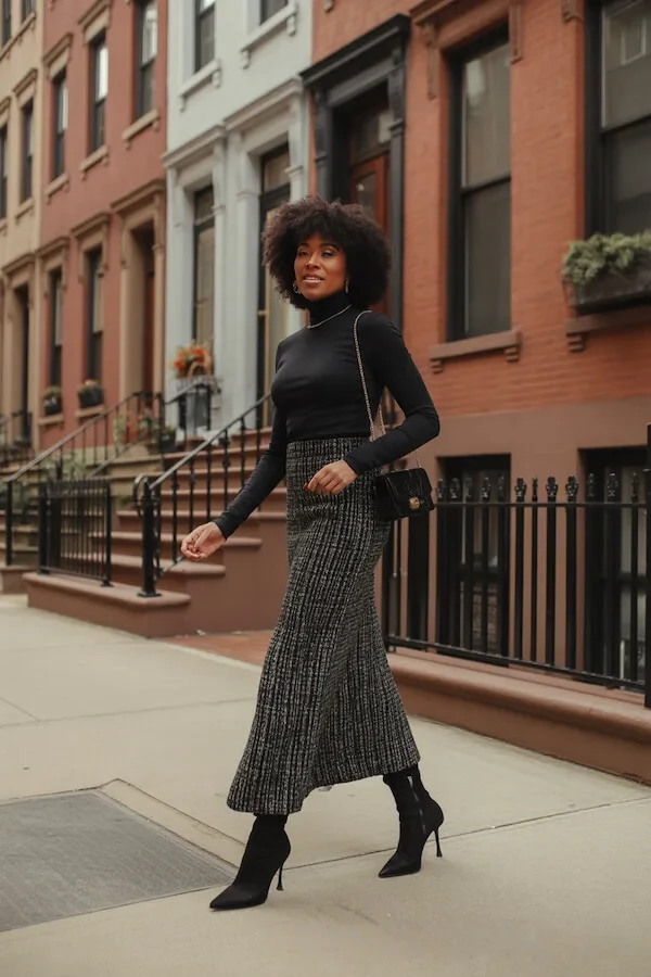 Black Turtleneck Metallic Midi Skirt Outfit with Ankle Boots
