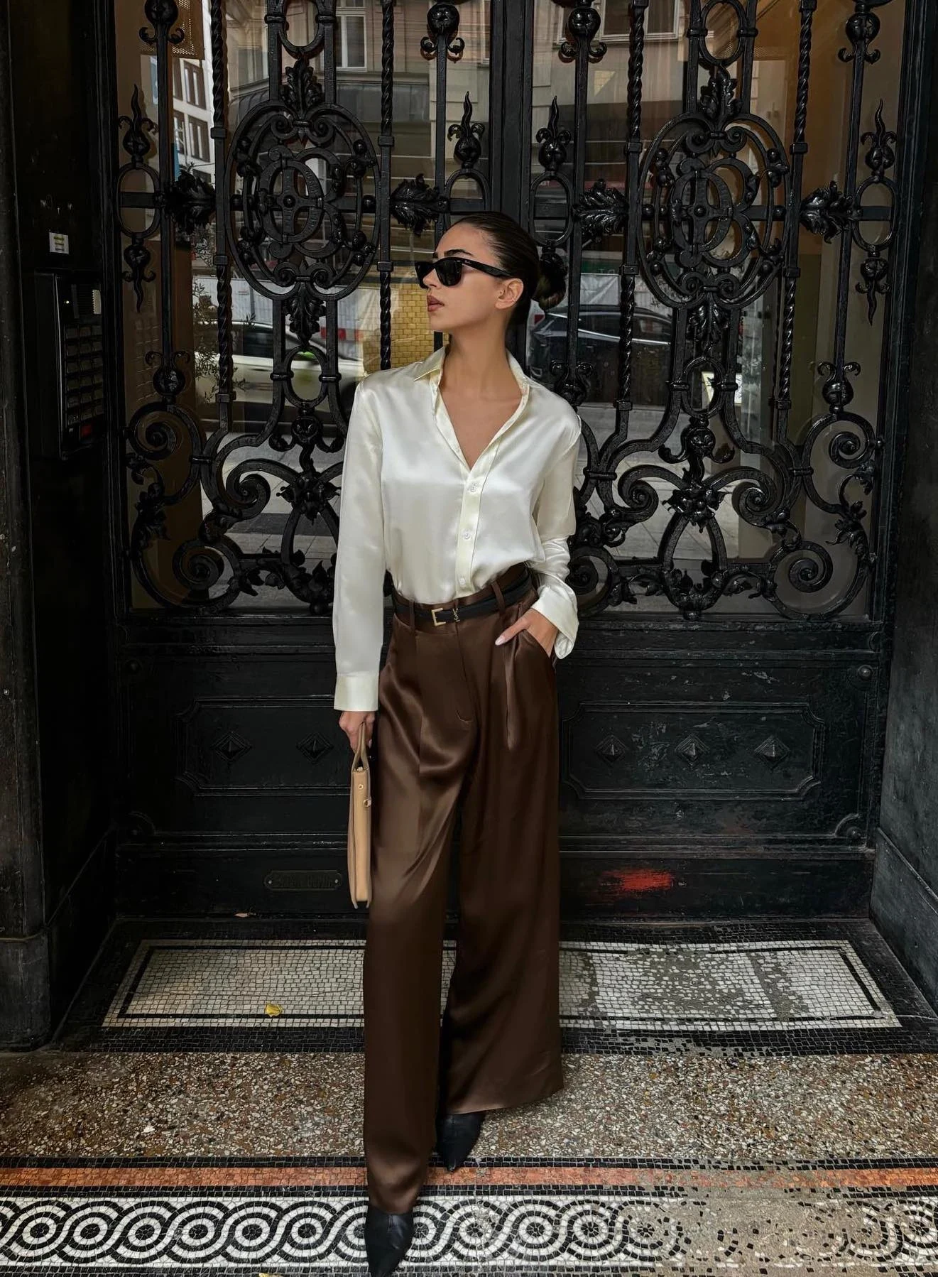 Ivory Silk Shirt Chocolate Brown Wide-Leg Trousers Outfit