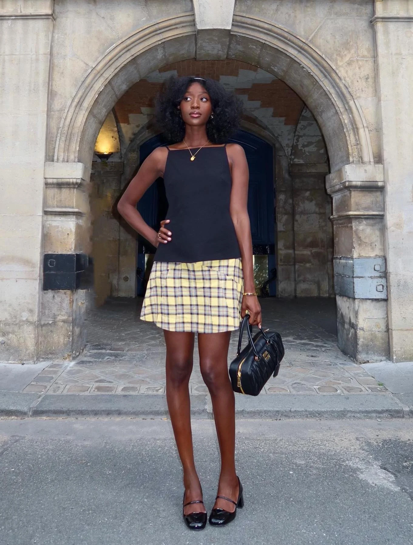 Black Cami Yellow Plaid Mini Skirt Outfit