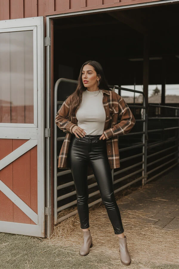Brown Plaid Shacket Outfit with Faux Leather Pants
