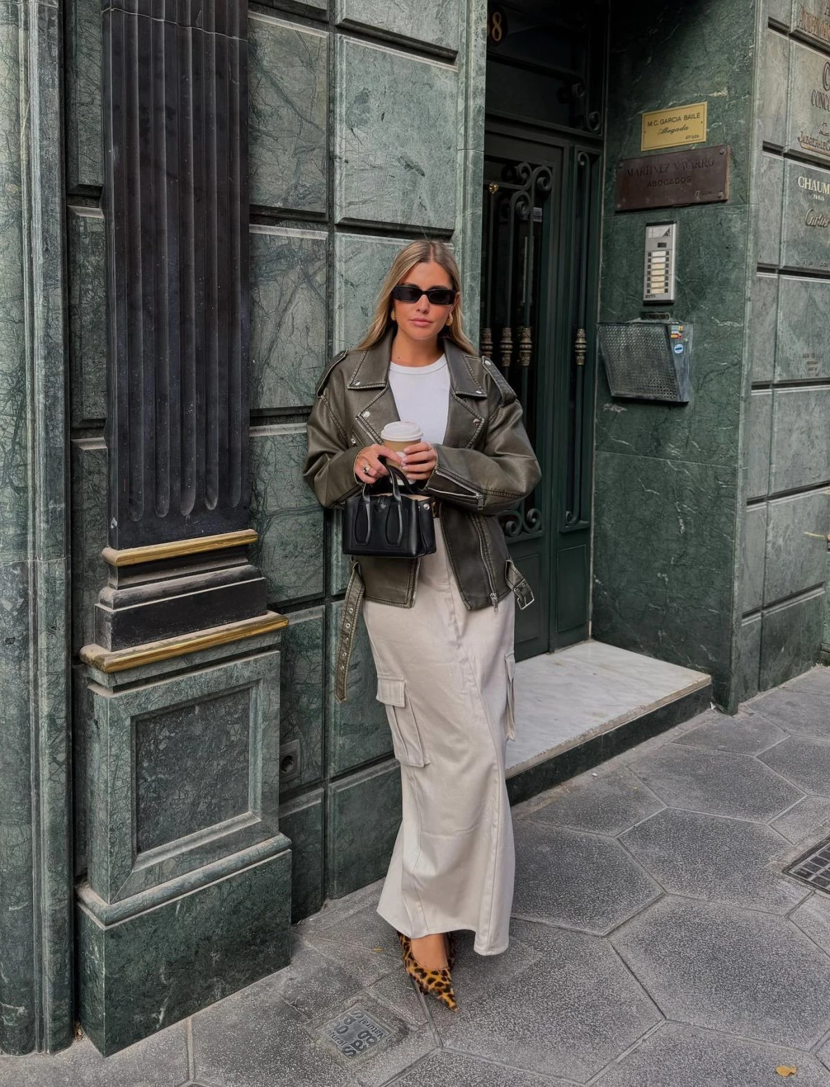 Olive Leather Jacket Outfit with Cargo Maxi Skirt