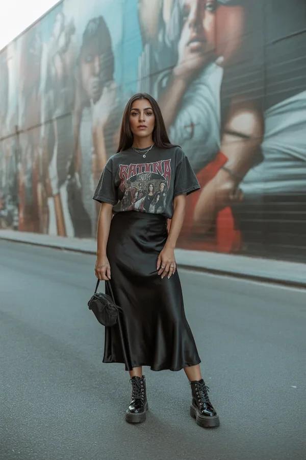 Black Satin Midi Skirt with Graphic Band Tee and Platform Boots