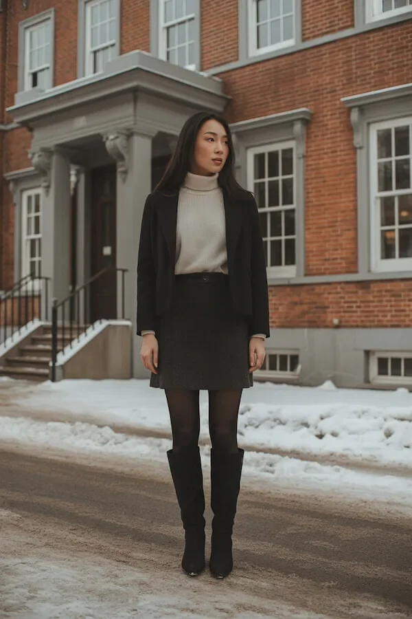 Black Blazer Beige Turtleneck Mini Skirt Winter Outfit