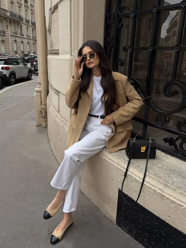 Camel Blazer White Jeans Outfit with Black Ballet Flats
