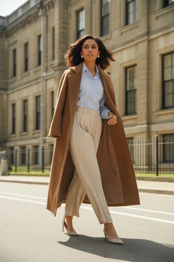 Camel Coat White Shirt Pinstripe Trousers Outfit