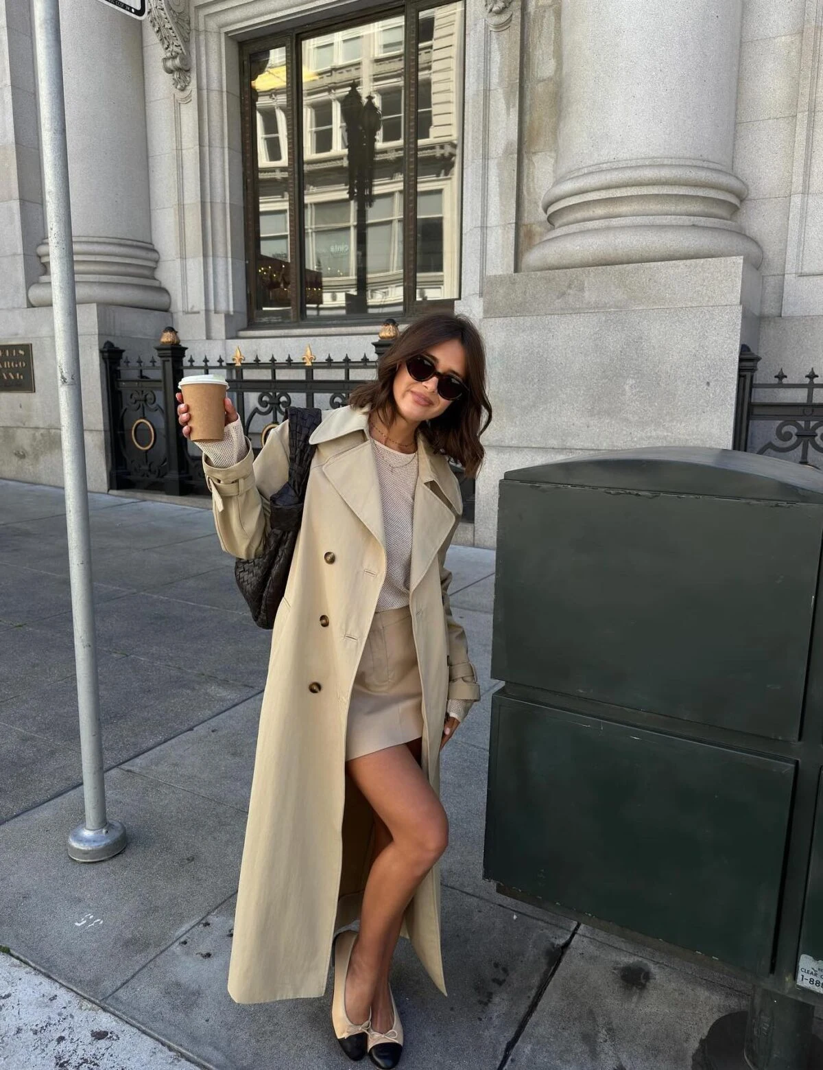 Cream Trench Coat Outfit with Beige Knit Mini Skirt