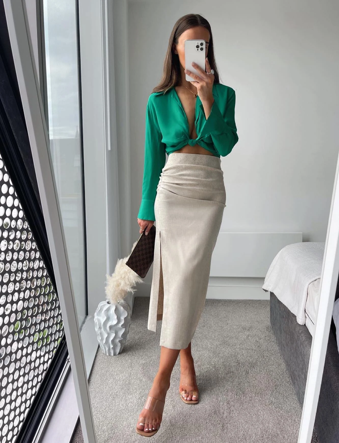 Green Silk Blouse Cream Midi Skirt Outfit