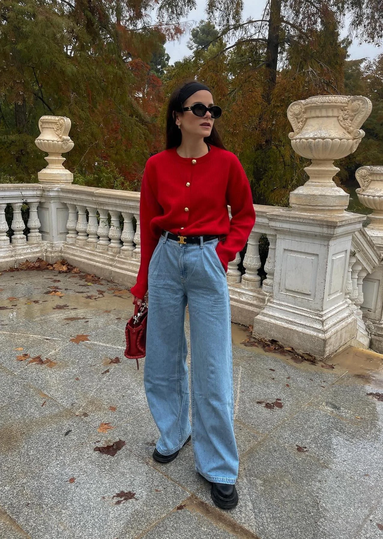 Red Cardigan Wide-Leg Jeans Outfit with Black Accessories