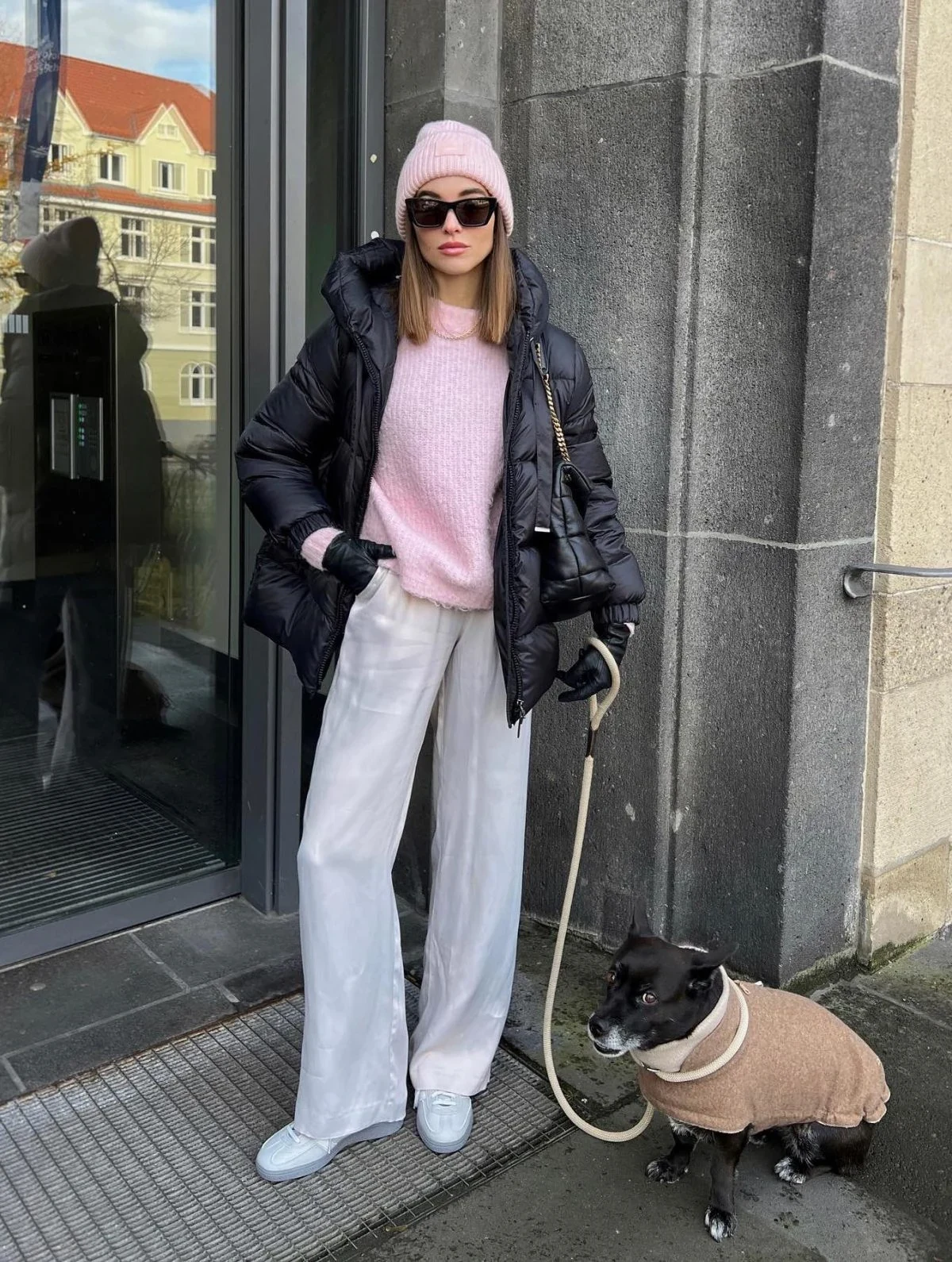 Black Puffer Coat Pink Sweater Wide-Leg Trousers Winter Outfit