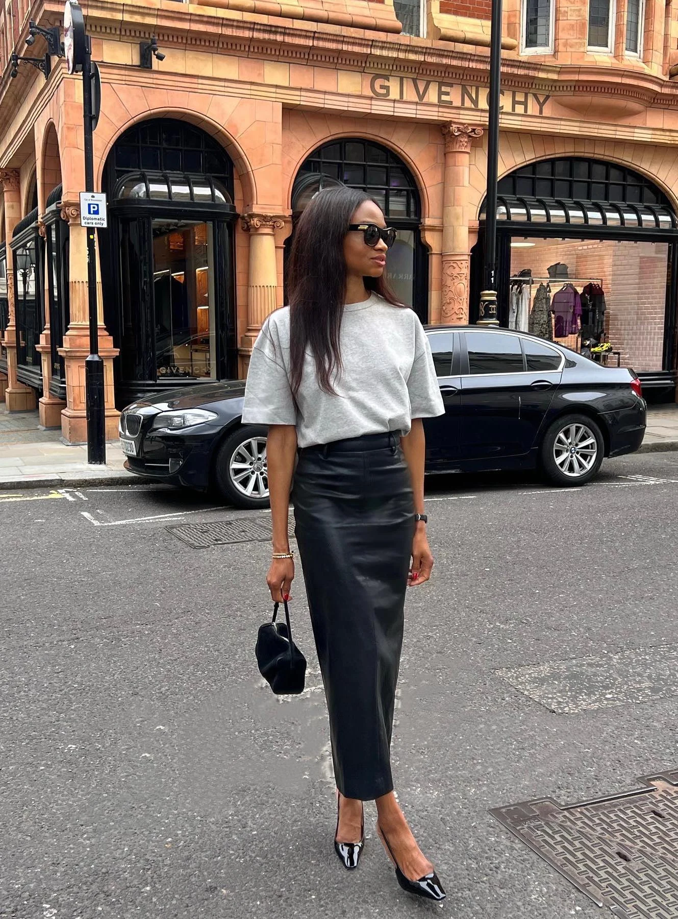 Grey Sweatshirt Black Leather Skirt Outfit
