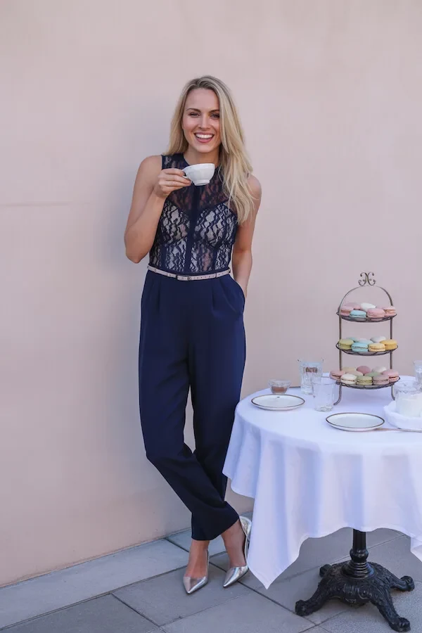 Navy Lace Top High-Waisted Tailored Trousers Silver Pointed Heels