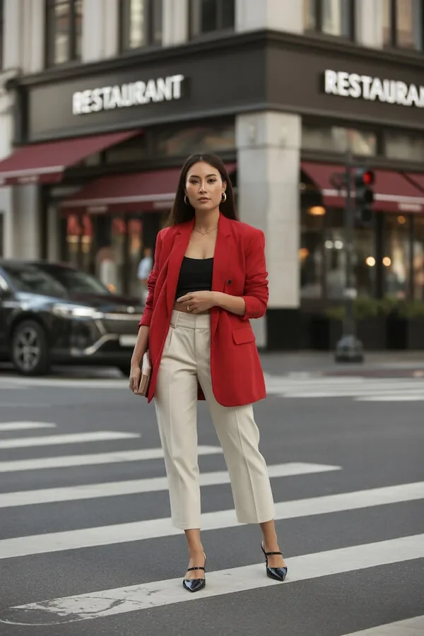 Red Blazer Outfit with Cream Pleated Trousers