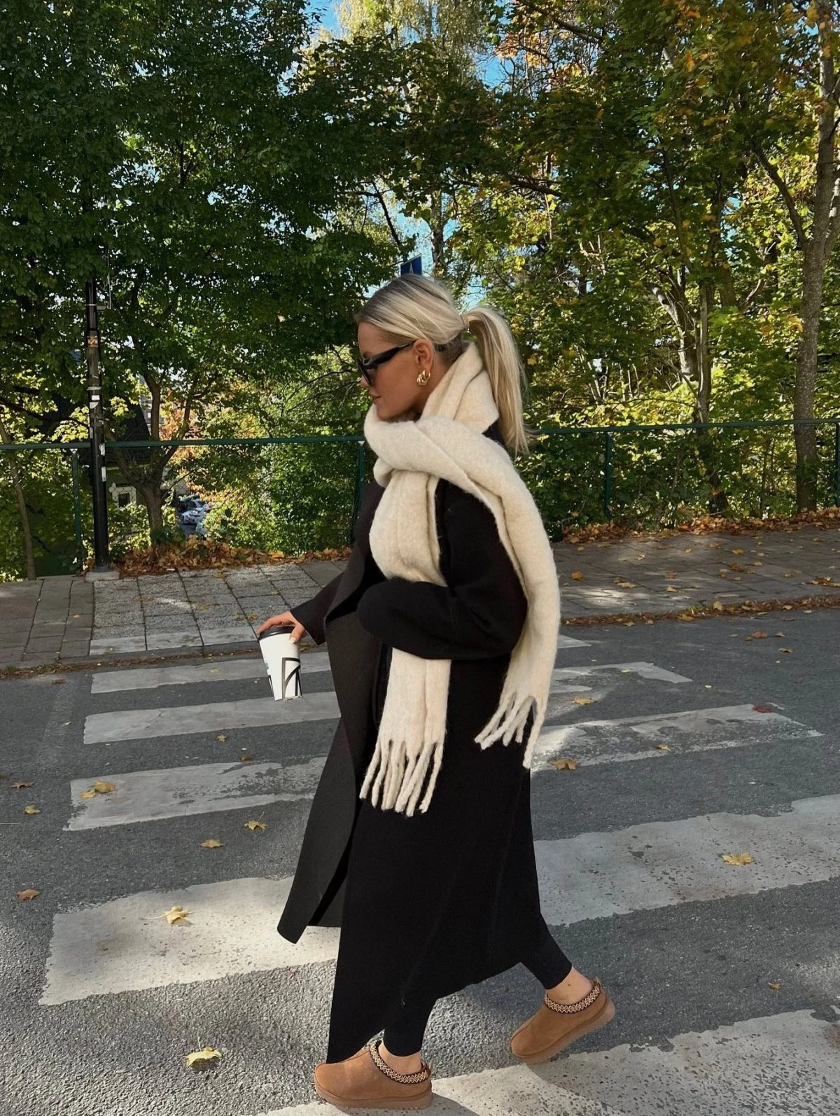 Black Coat Oversized Cream Scarf Fall Outfit