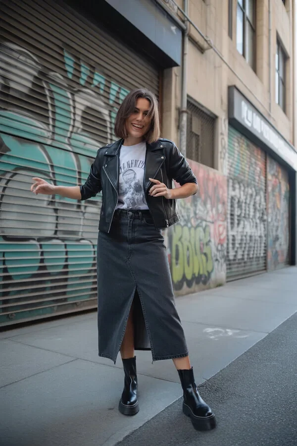 Black Leather Biker Jacket with Gray Denim Midi Skirt and Platform Boots