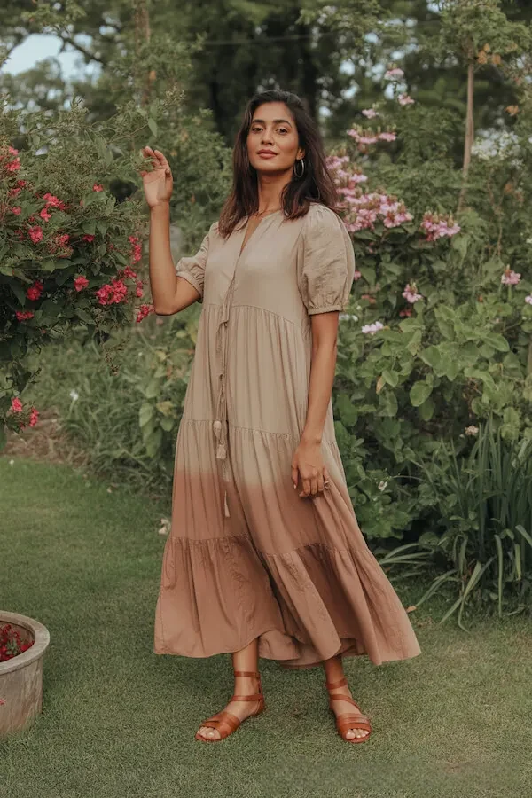 Beige Ombre Tiered Midi Dress with Puff Sleeves