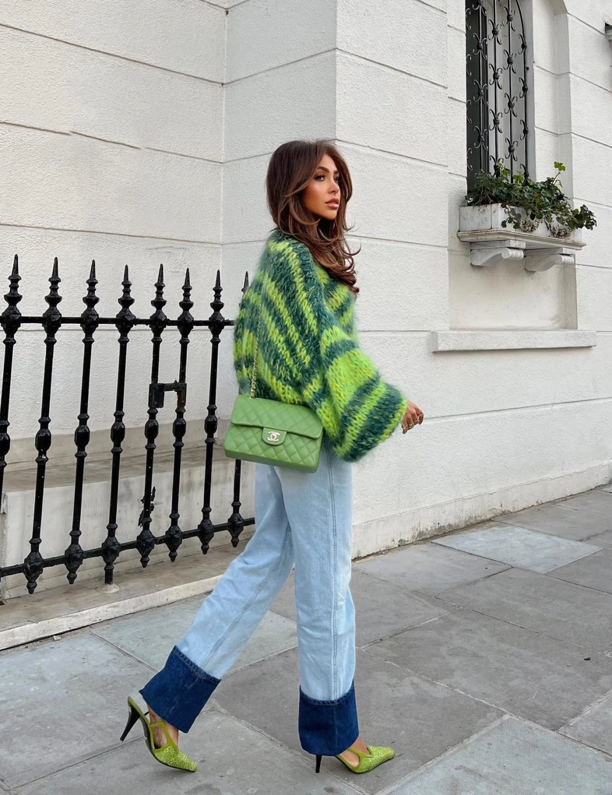 Neon Green Fuzzy Cardigan Outfit with Light Wash Jeans