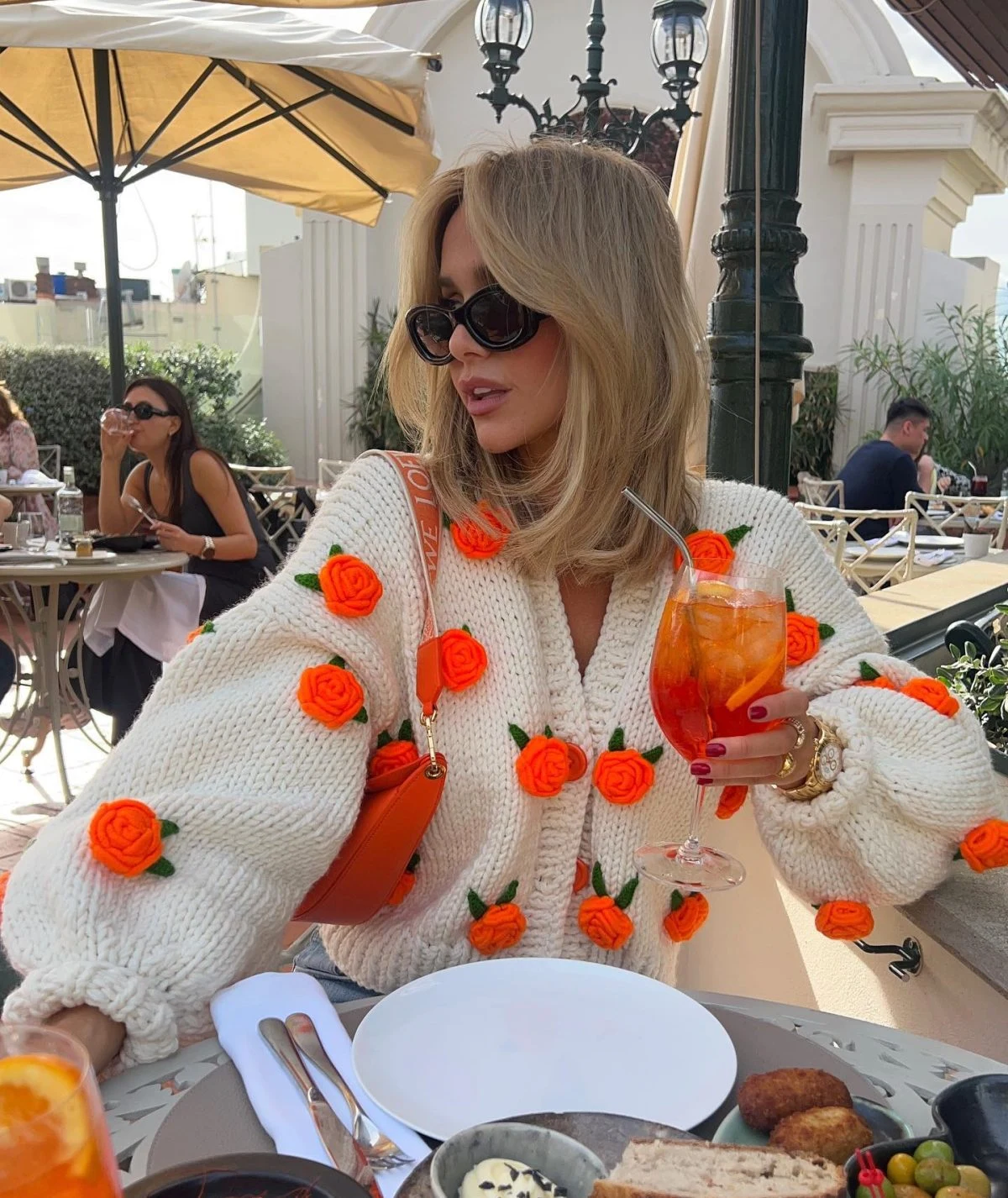 Cream Chunky Knit Cardigan with Orange Floral Appliqué