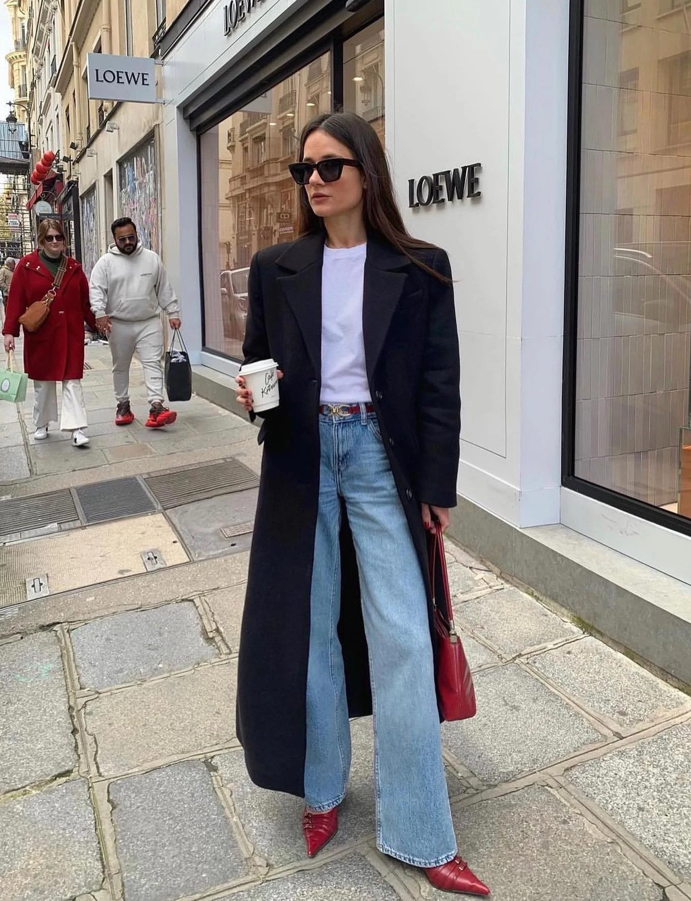 Black Coat Wide-Leg Jeans Burgundy Accessories Outfit