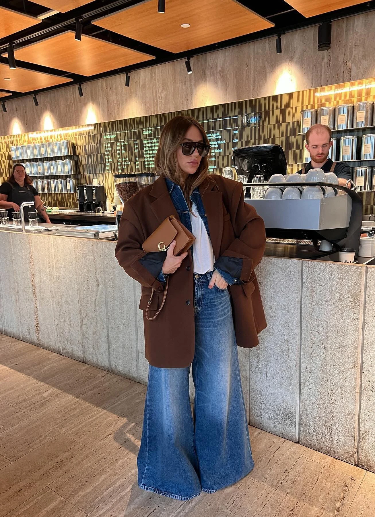 Chocolate Brown Blazer Wide-Leg Jeans Denim Shirt Outfit