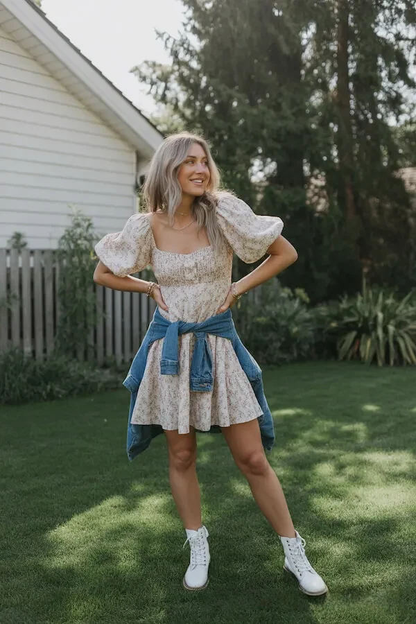 Floral Puff Sleeve Mini Dress with Denim Jacket and White Sneakers