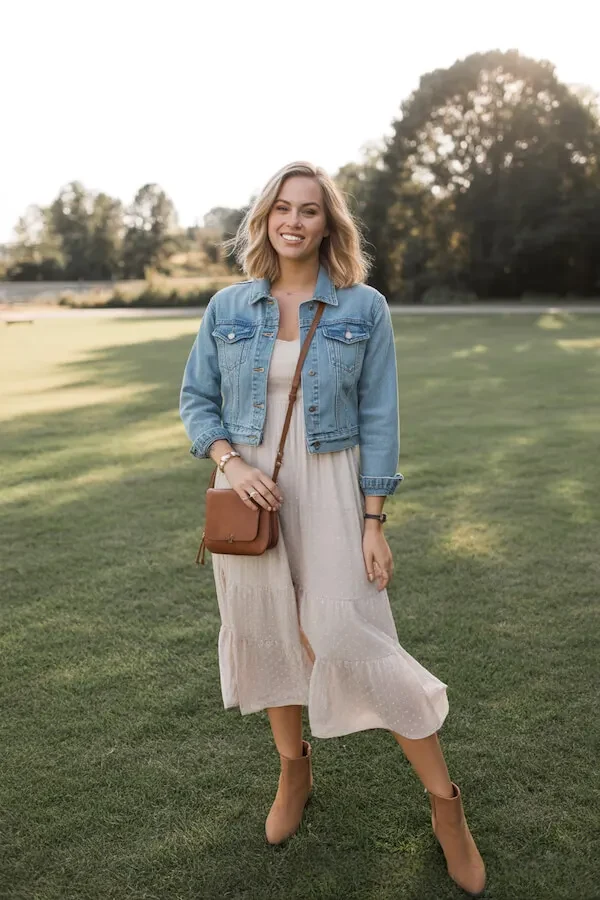 Light Denim Jacket White Tiered Midi Dress Outfit