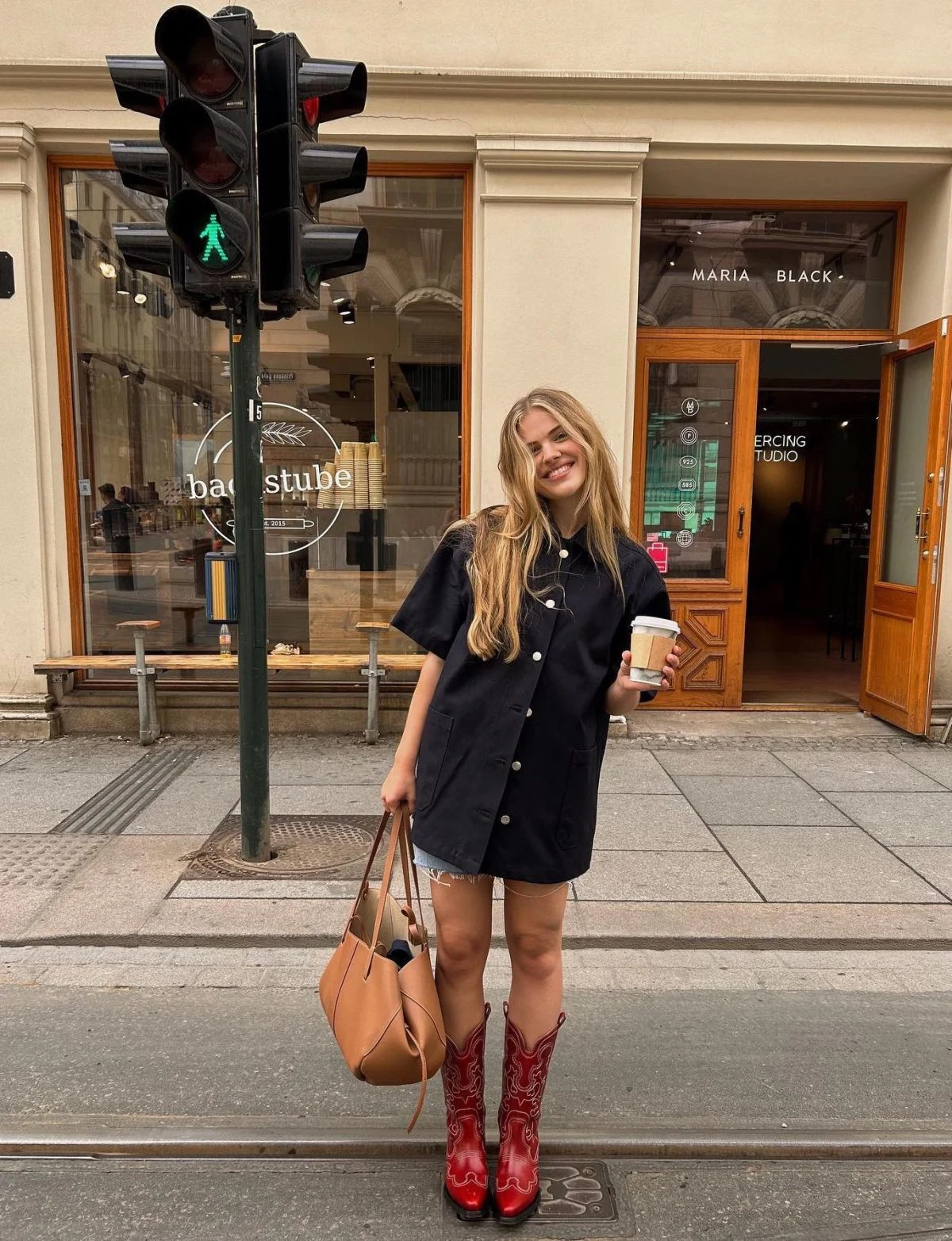 Black Oversized Shirt Dress Red Cowboy Boots Outfit