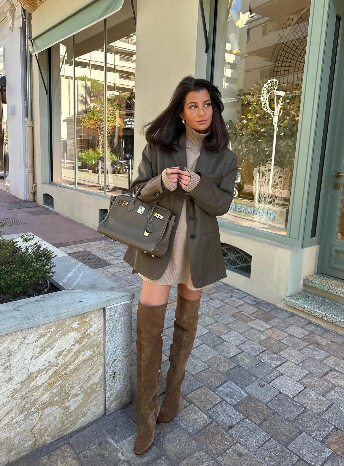 Olive Blazer with Beige Knit Dress and Brown Suede Boots