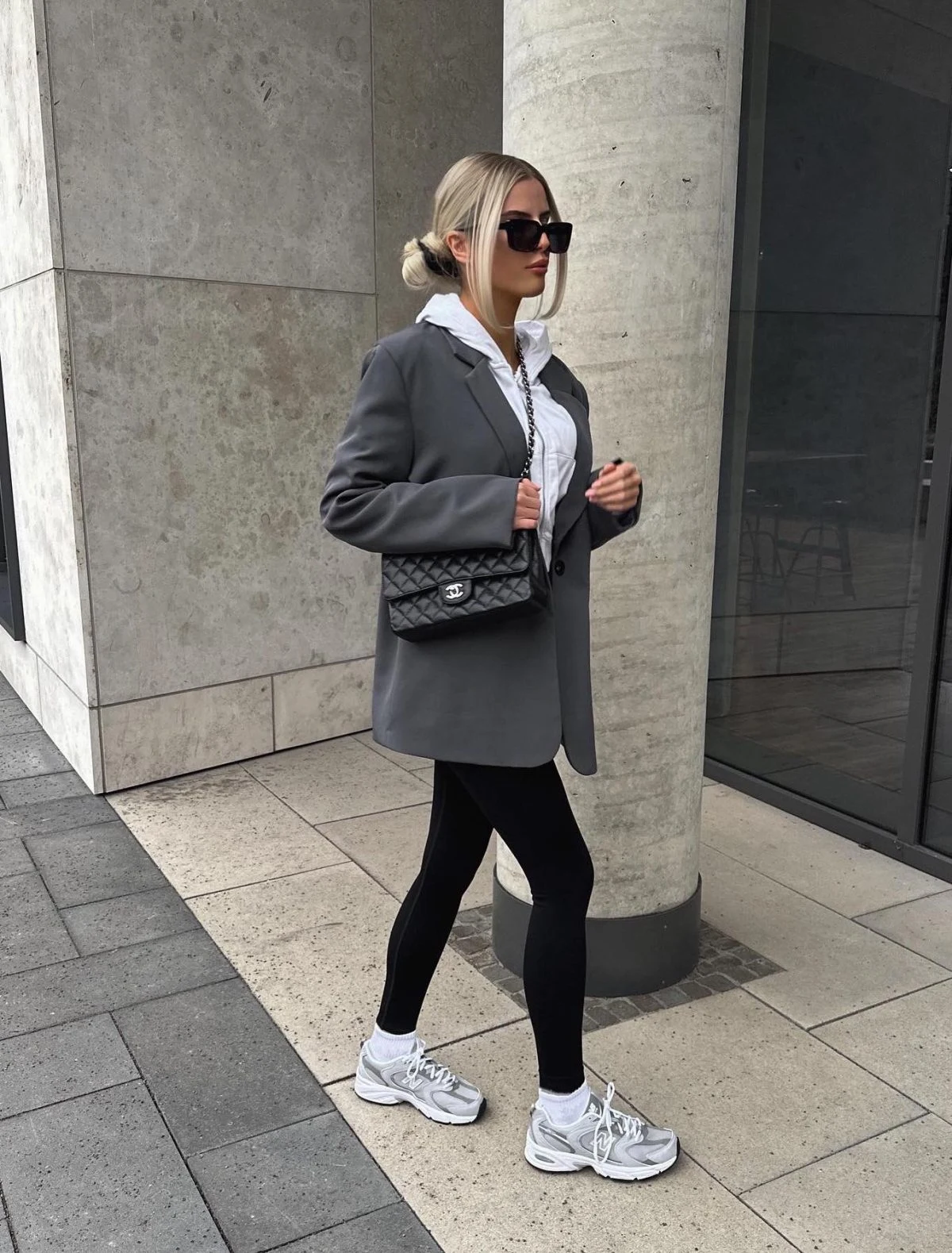 Grey Oversized Blazer Outfit with Black Leggings