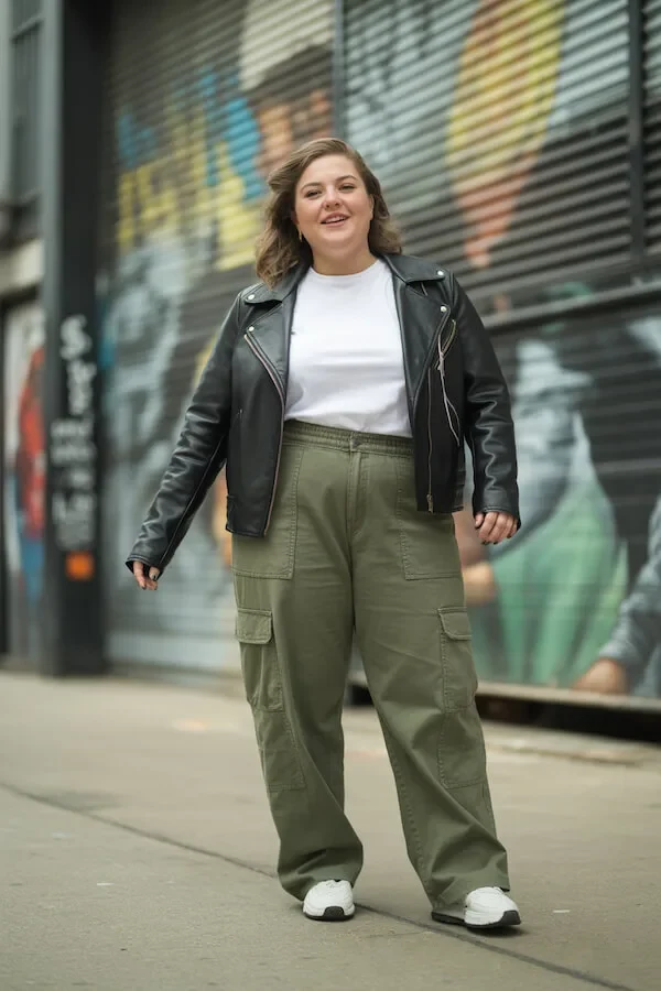 Black Leather Biker Jacket with Olive Cargo Trousers and White Tee